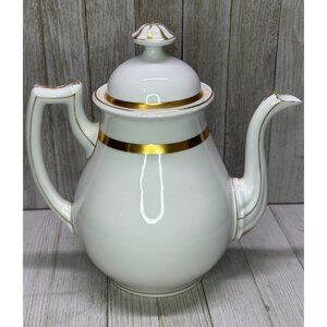 Vtg B&D Porcelain White Tea Pot with Gold Accents Handle Spout Lid 10" Tall